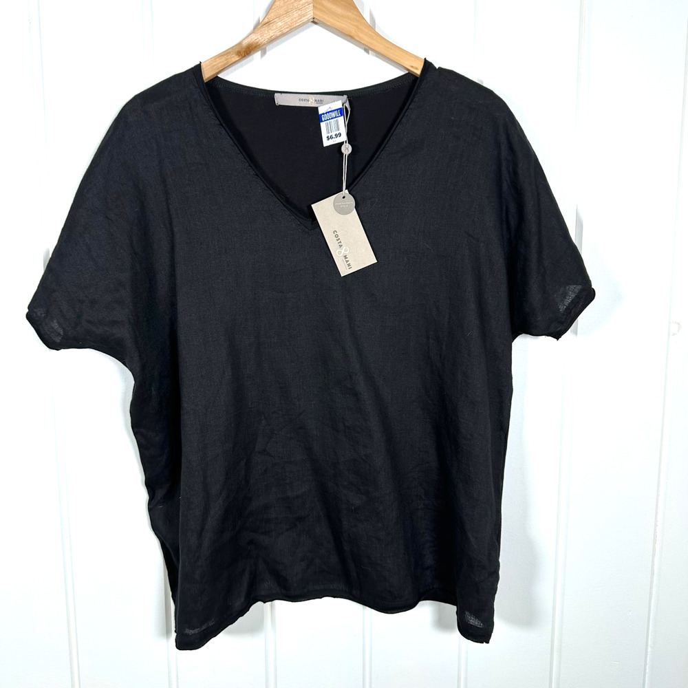 Costamani  Linen V-Neck Top Womens Small Black Linen Front, Knit‎ Back V Neck